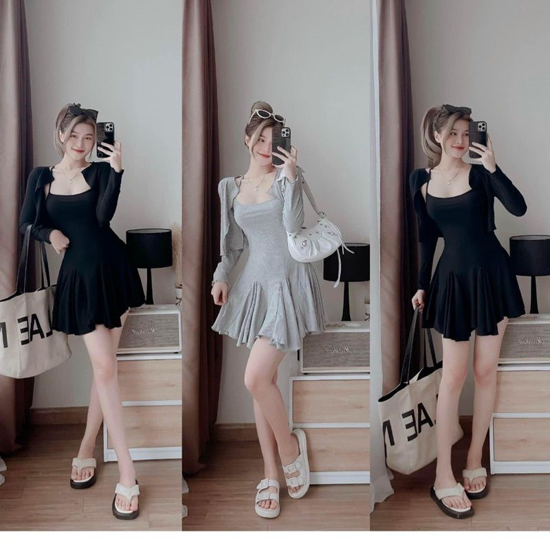 SÉT ĐẦM RỜI HAI DÂY XOÈ KÈM ÁO KHOÁC DX1