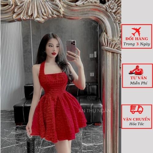 Váy gấm nữ cổ yếm thắt nơ hở lưng ôm body dáng xòe tiểu thư bánh bèo đi biển tiệc cưới ulzzang Hàn Quốc