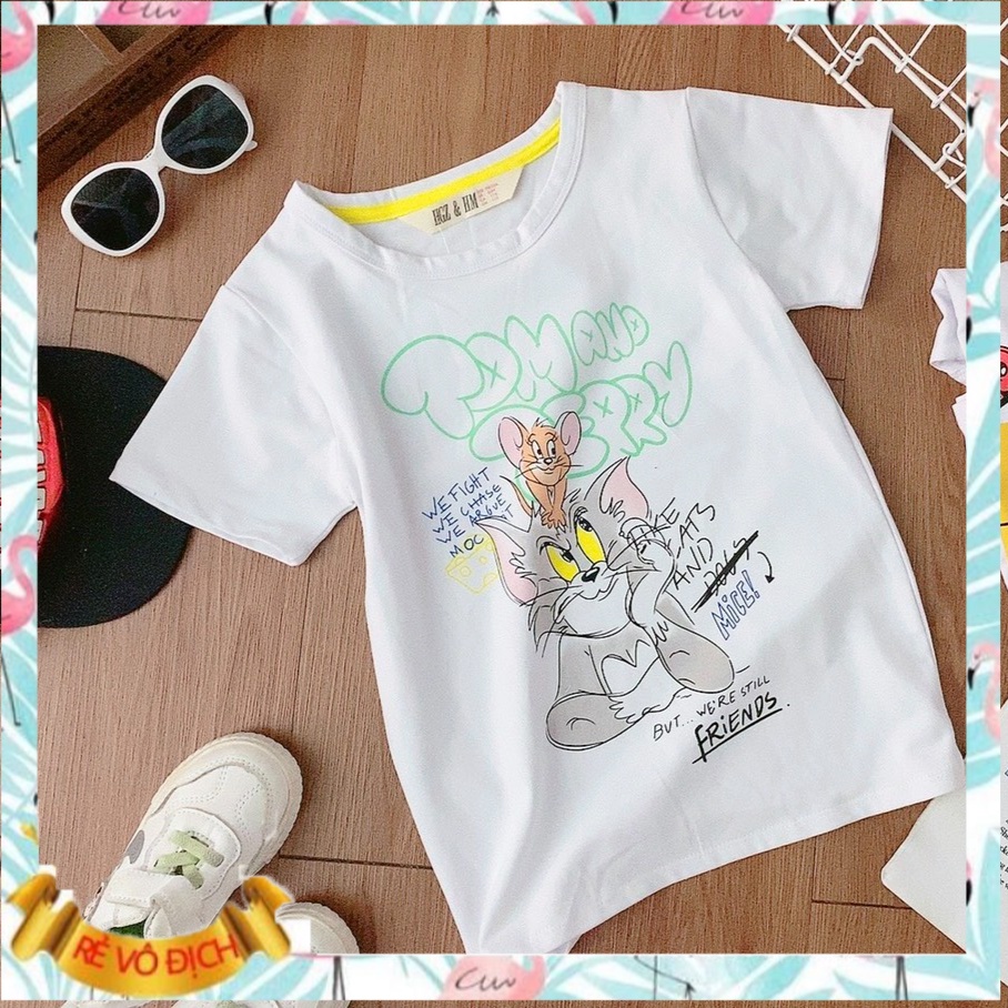 Áo thun cho bé gái 2-12 tuổi Hm kẻ ngang hình tom và jerry, Áo cộc tay trẻ em hàng xuất vải cotton co giãn thấm