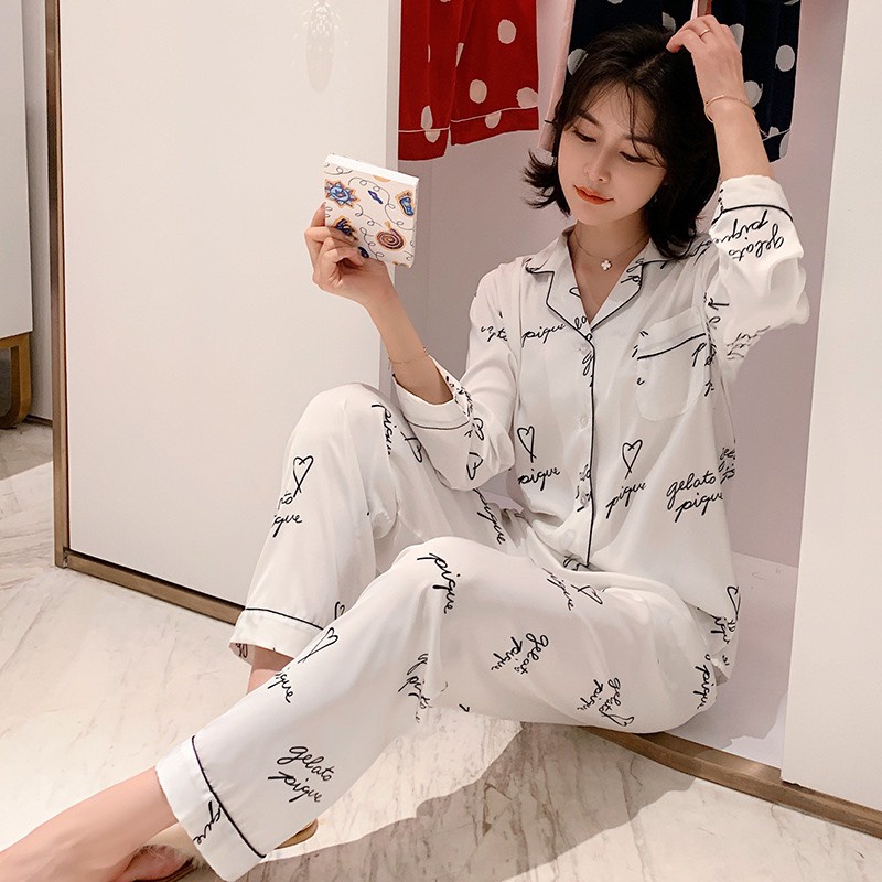 Đồ Ngủ Mặc Nhà Lụa Hàn Pajamas Dài Tay Quần Dài Họa Tiết AMANTA P46AMK