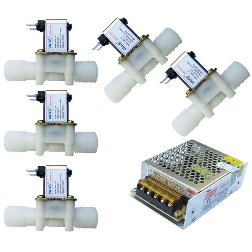 Bộ 5 cái van điện từ phi 21 (thường đóng) 12V DC + kèm nguồn tổ ong 12V, 5A