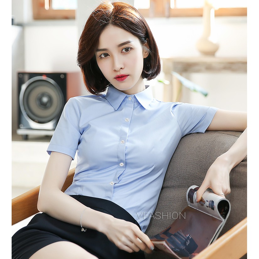 Combo 2 sơ mi Ngắn Nữ Trắng+Ngắn Nữ Xanh Nhạt | BigBuy360 - bigbuy360.vn