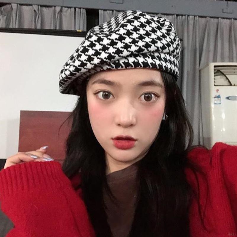 Mũ nồi họa sĩ co giãn in họa tiết Houndstooth Pháp cho nữ