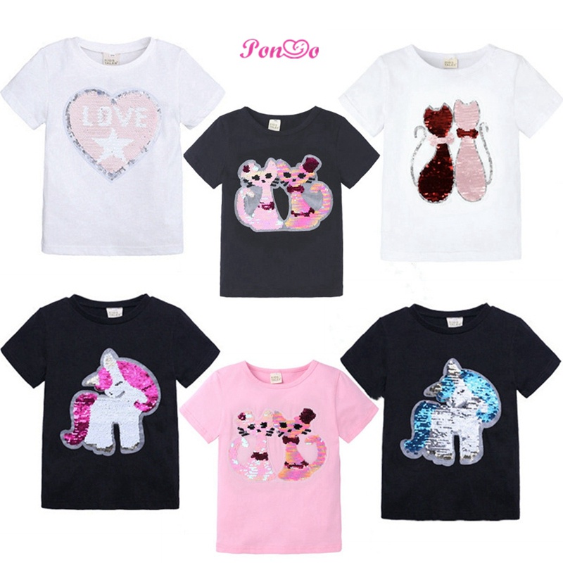 Áo Thun Cotton Tay Ngắn In Hình Mèo Dễ Thương Cho Bé Gái 1-8 Tuổi