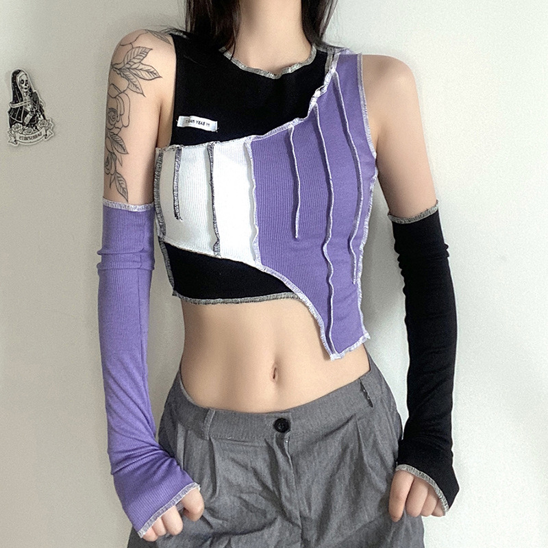 DUNEA Áo croptop cổ tròn phối màu tương phản sành điệu cho nữ