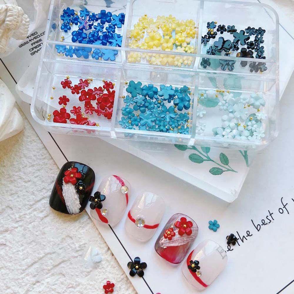Hộp 6 Ngăn Đựng Phụ Kiện Trang Trí Móng Nghệ Thuật Hình Nơ Hoa Đào Bằng Nhựa Resin Màu Laser