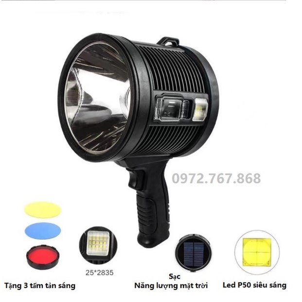 Đèn pin đa năng Led P50 siêu sáng, chiếu xa, chiếu tỏa, sạc năng lượng mặt trời, sạc điện thoại, nháy cảnh báo SOS
