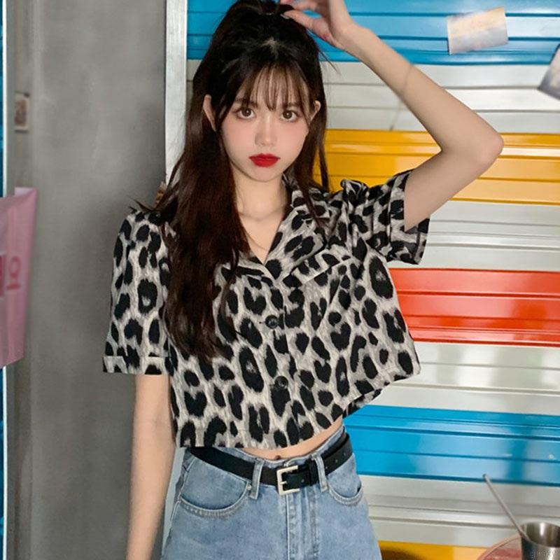 Áo Croptop Tay Ngắn Hoạ Tiết Da Báo Phong Cách Retro