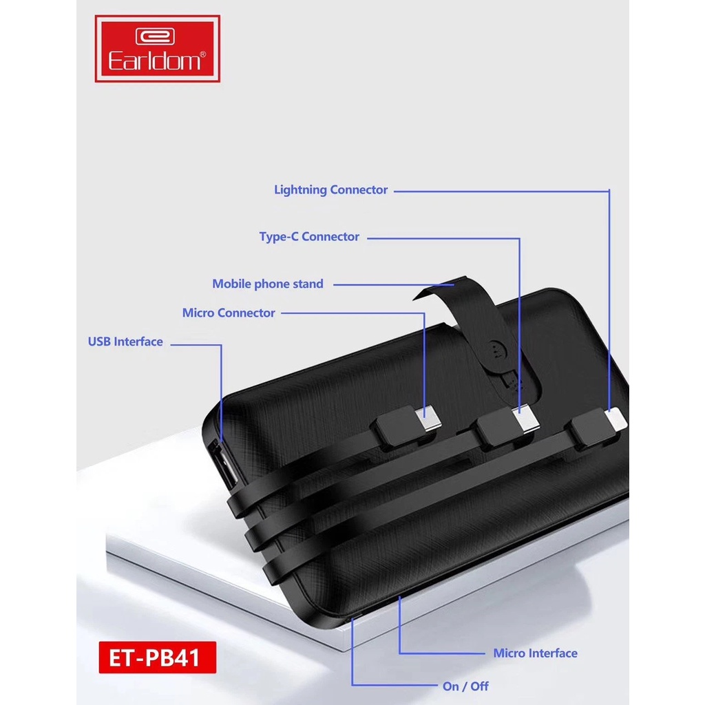 Sạc Dự Phòng Gắn Cáp 3 Đầu Micro TypeC Lning Earldom PB-41, hỗ trợ sạc nhanh 2A, sạc điện thoại từ 2-3 lần.