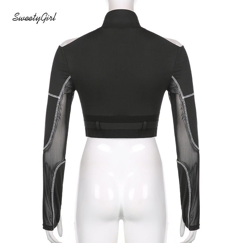 Áo croptop tay dài cổ cao phối lưới nhìn xuyên qua dáng ôm thời trang cho nữ