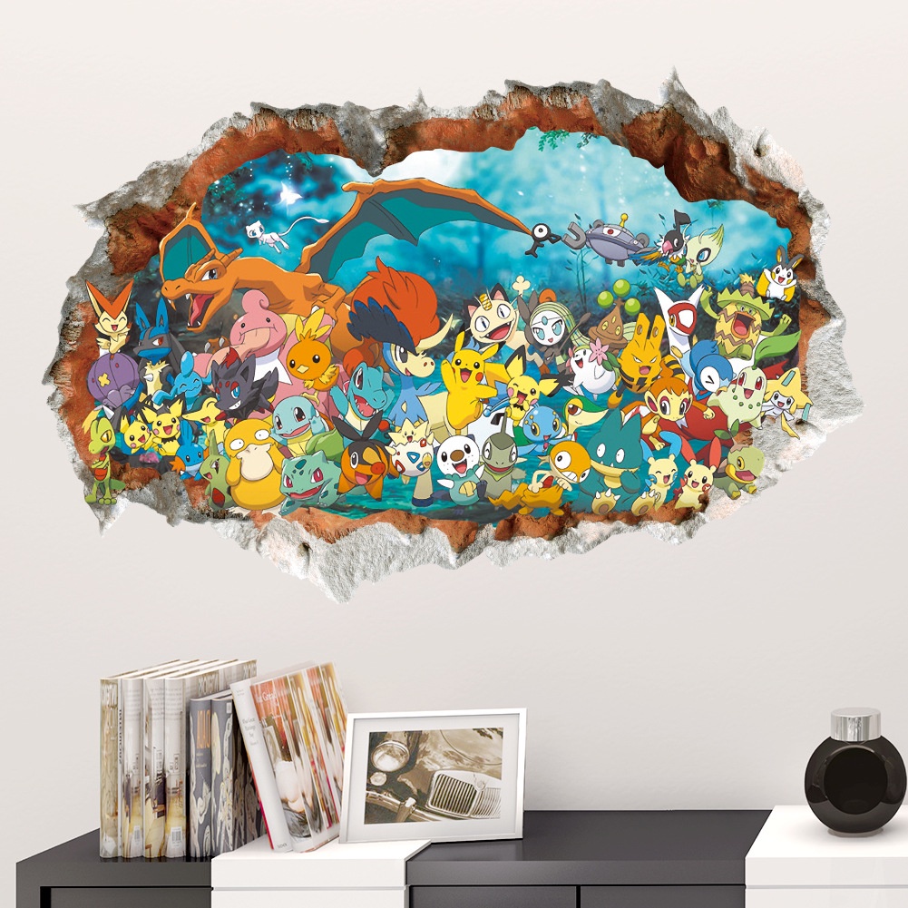 Sticker dán tường họa tiết hoạt hình Pokemon 3D dễ thương bắt mắt