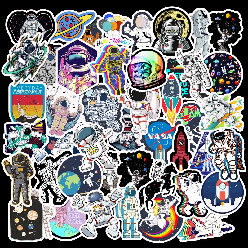Set 100/50 Sticker Hoạt Hình Phi Hành Gia Không Gian Chống Thấm Nước Trang Trí Đa Dụng