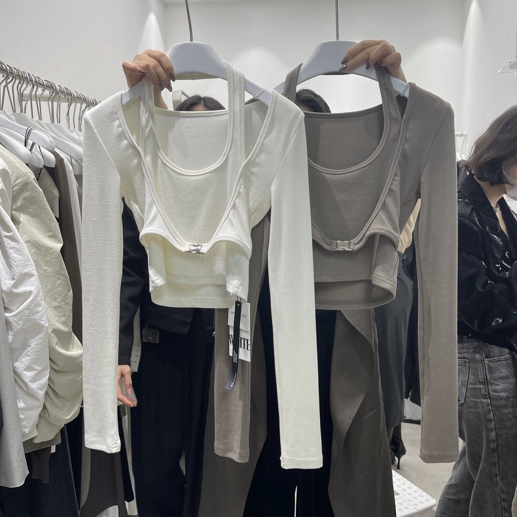 Bán Chạy!Áo Thun Ngắn Tay Dài Giả Hai Lớp Cài Nút Kim Loại Dáng Ôm Thời Trang Mùa Thu 2022