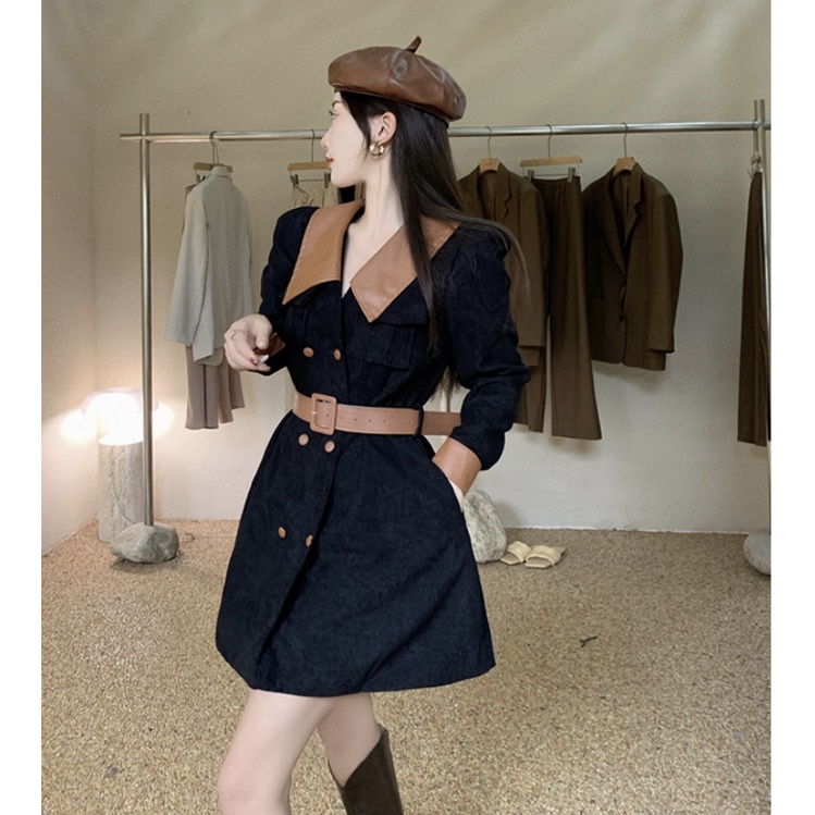 Váy Blazer Nhung Retro Dài Tay Phối Da Chanh Xả