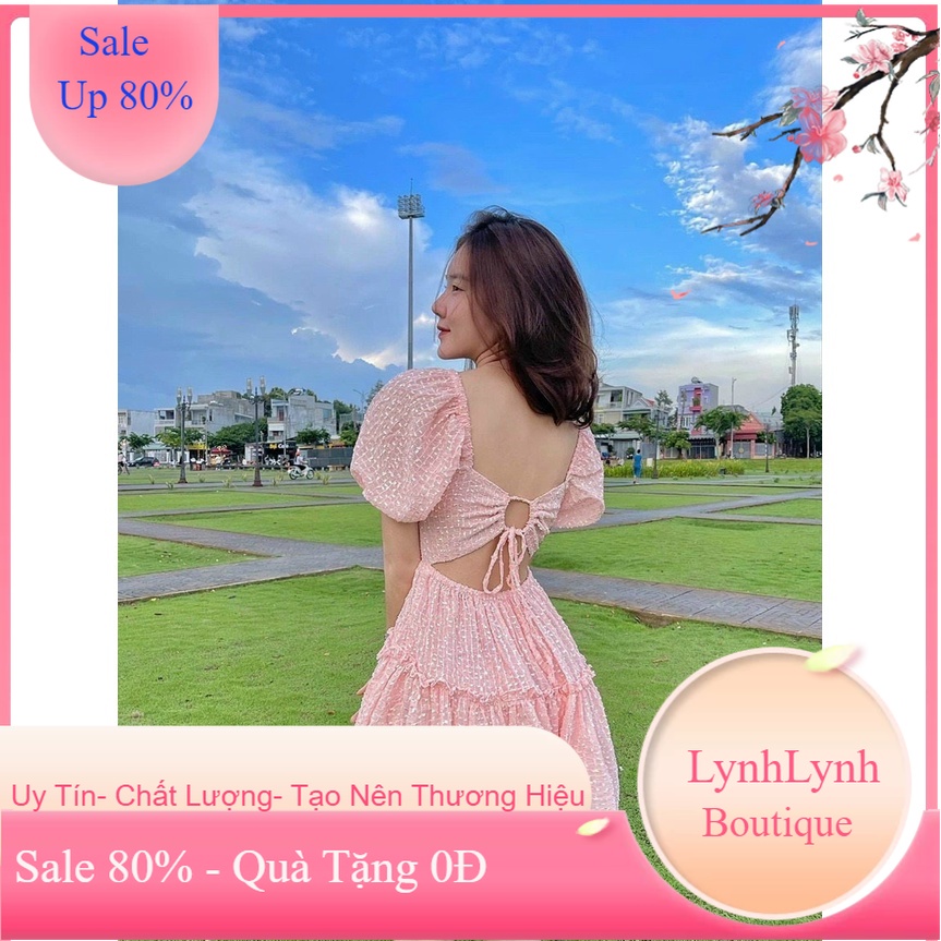 Váy cổ vuông đầm xoè hở lưng buộc dây tiểu thư tay bồng tôn dáng 3 tầng chất gấm xốp nổi cao cấ