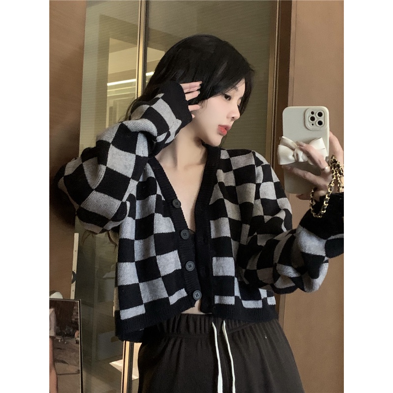 Áo Cardigan Dệt Kim Tay Dài Dáng Rộng Cổ Chữ V Phối Màu Tương Phản Thời Trang Mùa Thu