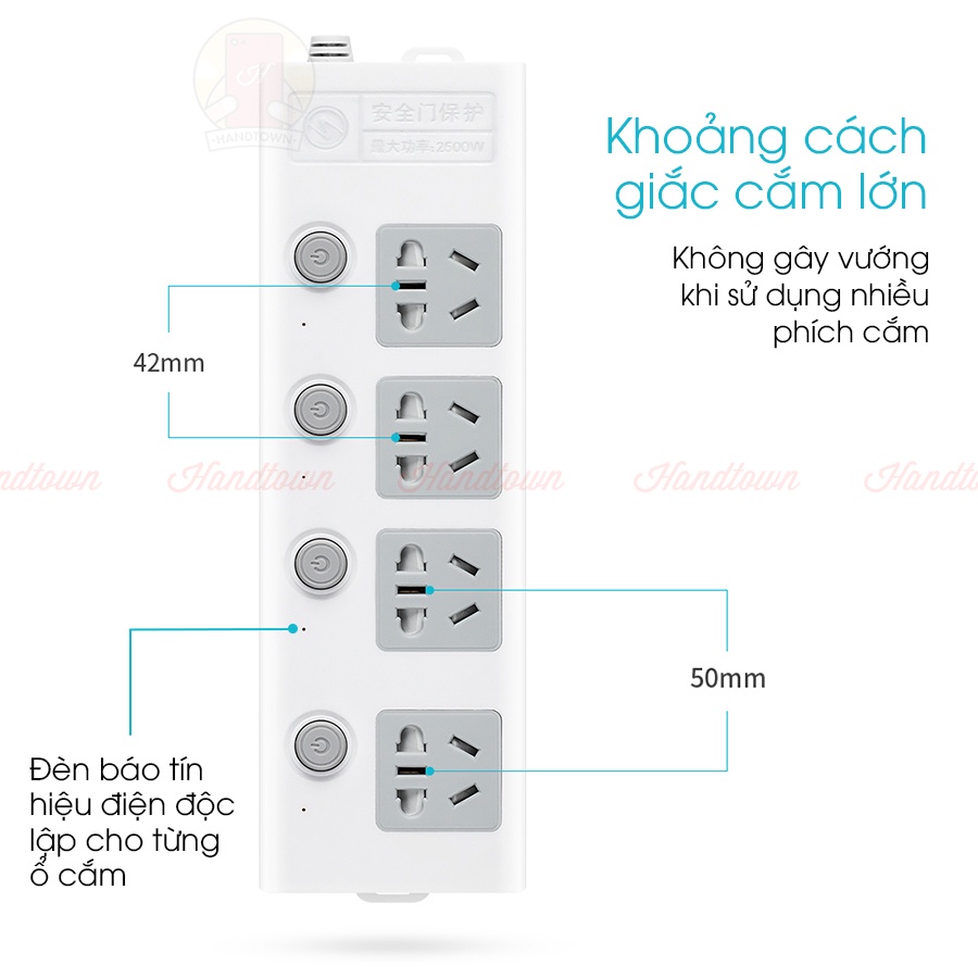 Ổ Cắm Điện Thông Minh 4 Cổng 2500W 2 Cổng Usb Độc Lập Tự Động Dài 1.8m An Toàn Tiết Kiệm Điện Năng Handtown