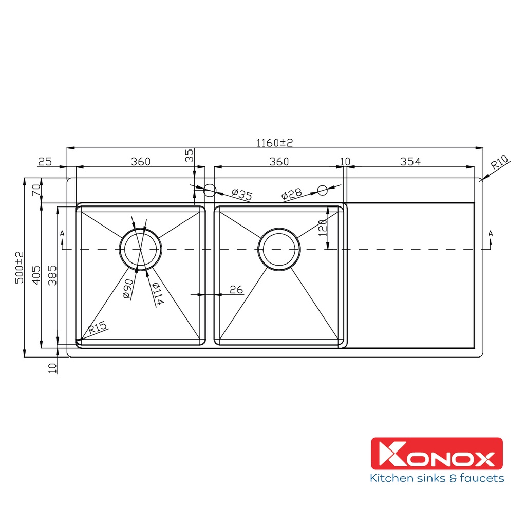 Chậu rửa bát cao cấp KONOX Topmount Series KN11650TD, inox 304AISI, full set gồm Siphon+Thớt gỗ+Rollmat