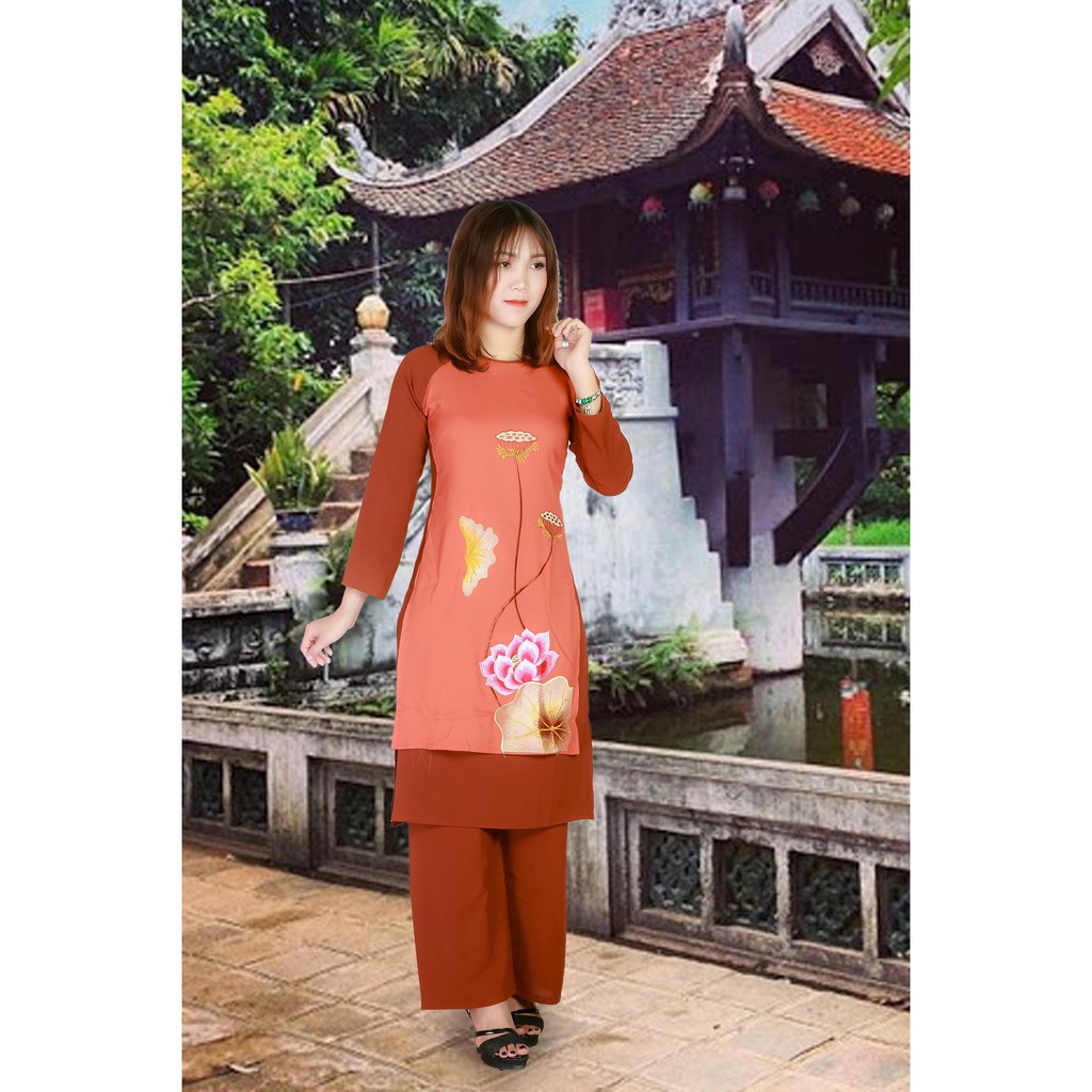 Bộ Áo Dài Đi Chùa Thêu Hoa Sen 4 Tà