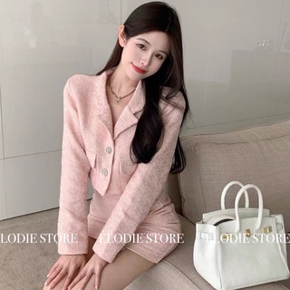 [SẴN] Set áo khoác croptop dạ tweed + chân váy màu hồng phấn cao cấp tiểu thư thanh lịch sang chảnh quý phái Hàn Quốc #1