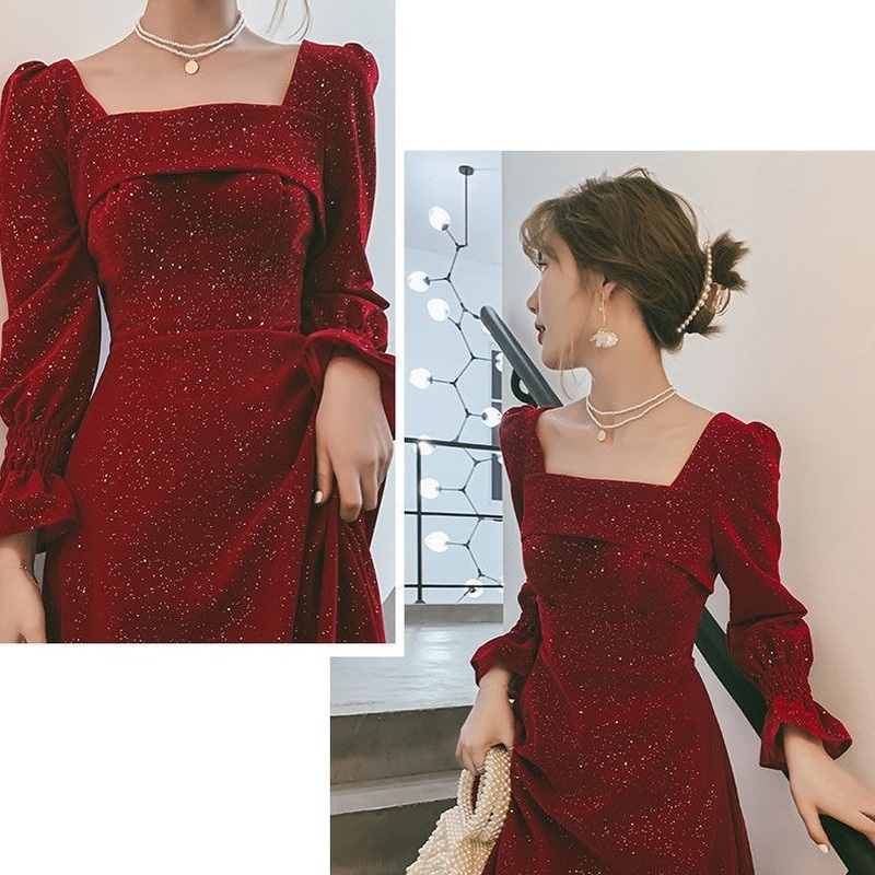 Đầm dài cổ vuông màu đỏ rượu thời trang thu đông thanh lịch dành cho nữ