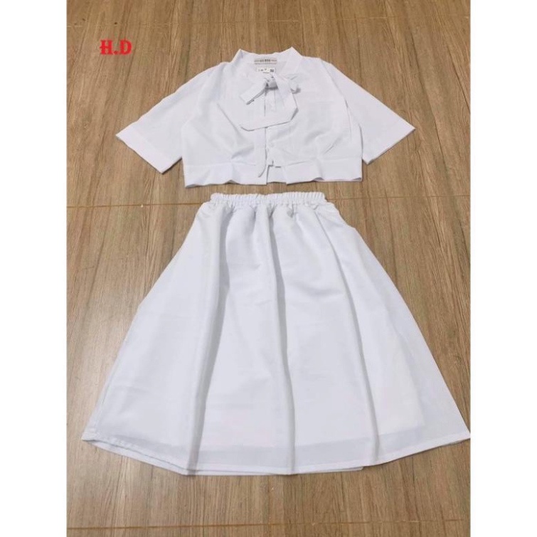 set váy áo crotop buộc nơ kèm chân váy có quần trong, set đồ nữ màu trắng điệu đà chất đẹp, thoáng hút mồ hôi