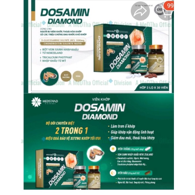 Dosamin Diamond, Giảm đau xương khớp, thoái hoá khớp, loang xương, khổ khớp, thành phần tự nhiên, không giữ nước.
