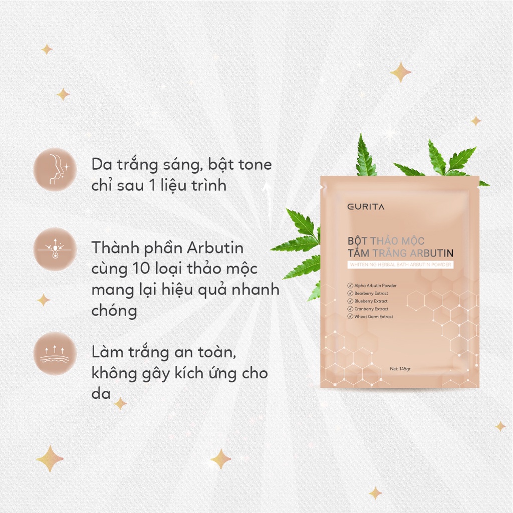 Arbutin Bột Tắm Trắng, Ủ Trắng Body, Tắm Trắng Thảo Mộc Gurita - Túi 145g