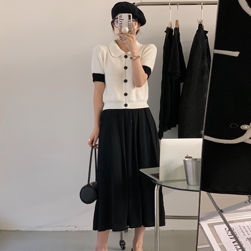 Set váy xòe dáng dài kèm áo len đan cộc tay
