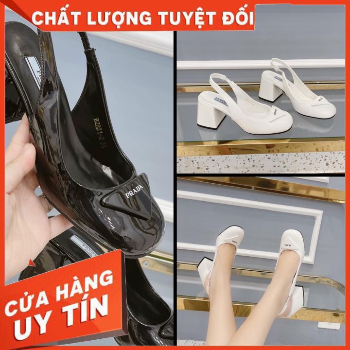 Giầy cao gót prada tiểu thư, sandal mũi tròn đế vuông da bóng mềm êm,hài prada.