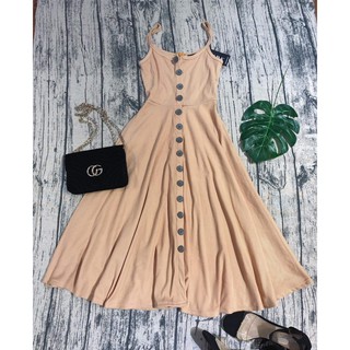 Đầm Xòe Maxi 2 Dây Phối Nút Dọc Khuy (Vàng)