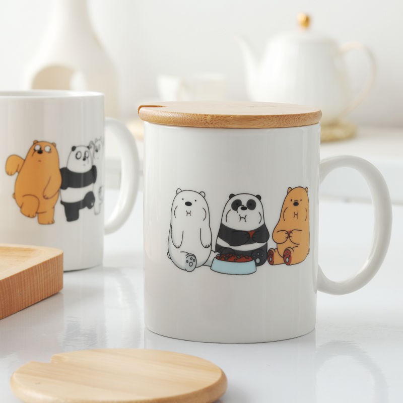 We Bare Bear Cốc Sứ Uống Nước Có Nắp Và Muỗng Hình Gấu Đáng Yêu Sáng Tạo