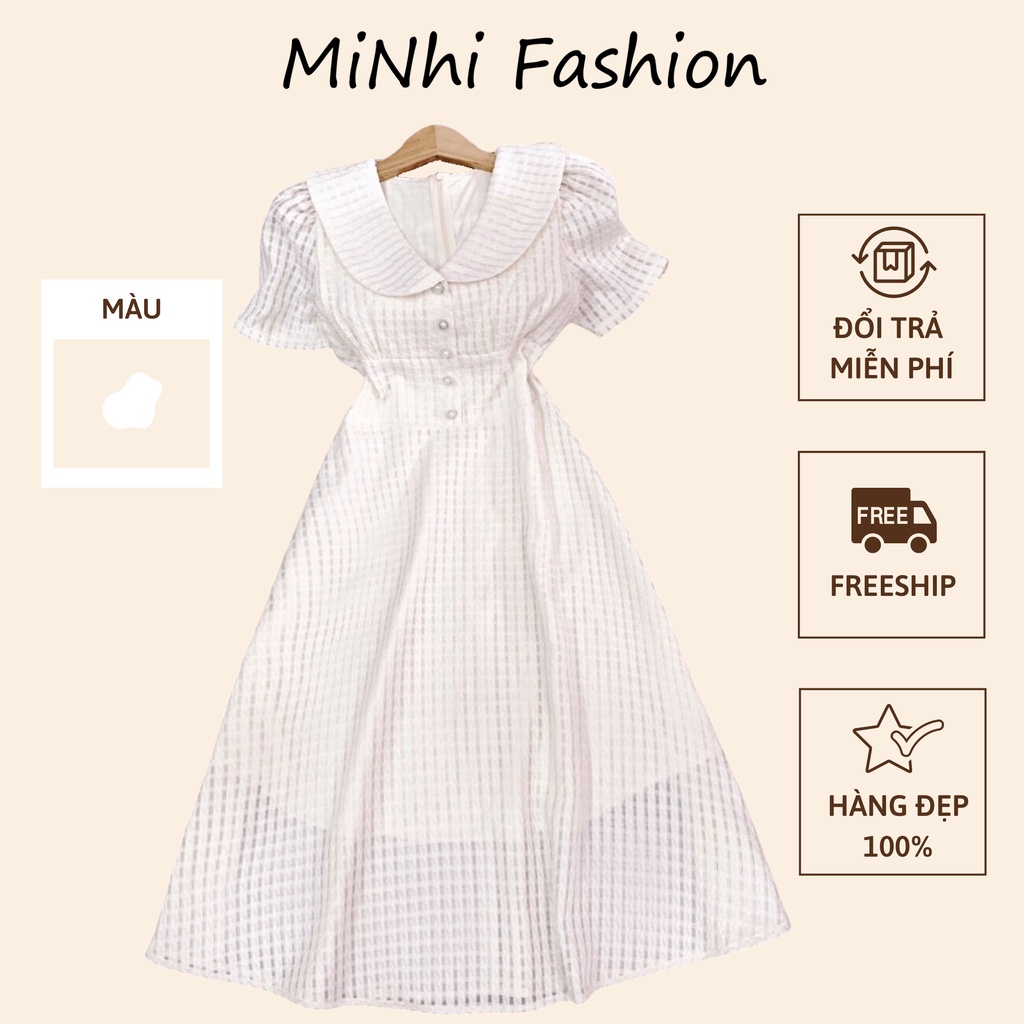 Đầm trắng dáng xòe dự tiệc, Váy trắng cổ tim có bâu Cao Cấp đính cườm ngực, nữ tính tay ngắn dáng xòe - MiNhi Fashion