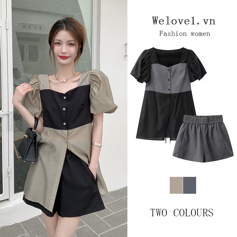 Bộ Áo Tay Phồng Cổ Chữ V Phối Cà Vạt + Quần Short Lưng Cao Ống Rộng Thời Trang 2022