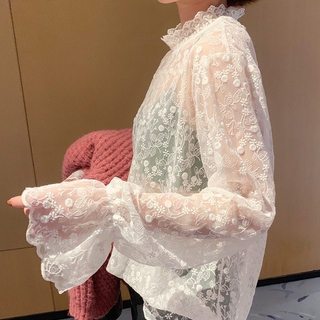  Áo Ren Phối Lưới Mỏng Cổ Lọ Dáng Rộng Xinh Xắn Giúp Che Nắng Cho Nữ 