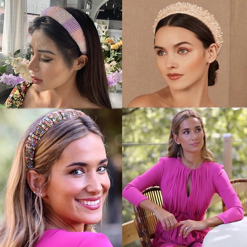 Băng Đô Cài Tóc Bản Rộng Bằng Xốp Đính Đá Pha Lê Nhiều Màu Lấp Lánh Sang Trọng Cho Nữ