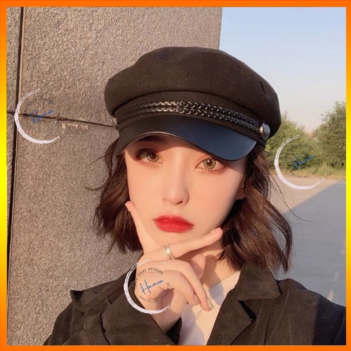 Mũ Beret Nữ Thủy Thủ Chất Dạ Vành Da Kèm Đai Vặn Thừng Đính Cúc Cá Tính Phong Cách Sang Chảnh Hanva