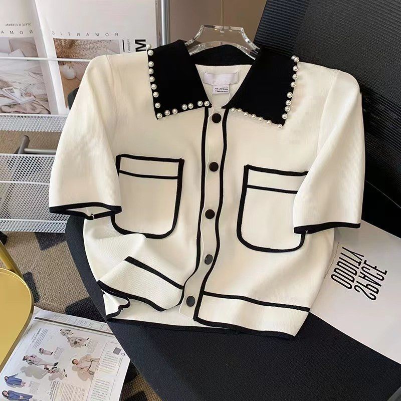 Áo Thun Polo Dệt Kim Ngắn Tay Thời Trang Sành Điệu 185246 Áo Kiểu Màu Sắc Tương Phản Đính Hạt Phong Cách Phương Tây