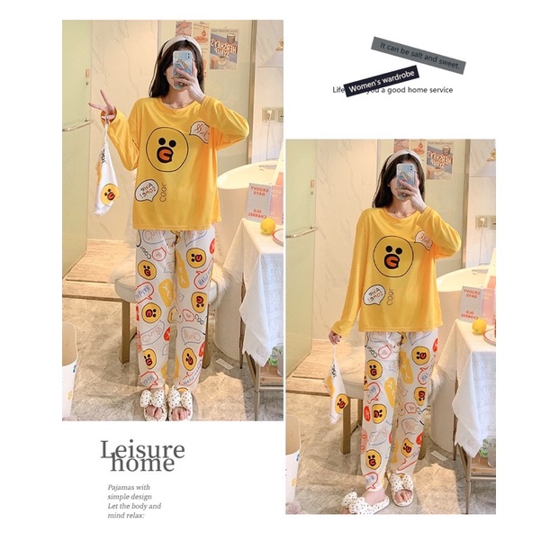 Đồ bộ thun tay dài Quảng Châu, pijama quần dài, đồ mặc ở nhà họa tiết hoạt hình dễ thương