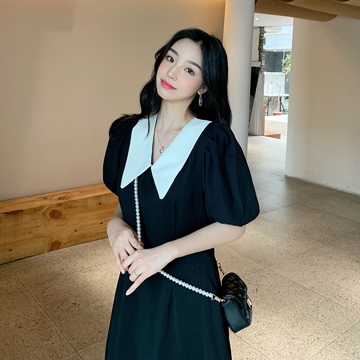Váy đầm đen cổ trắng dáng dài tay ngắn basic công sở phong cách Ulzzang
