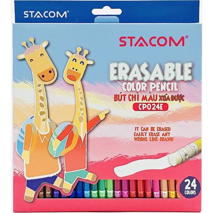 Bút chì màu xoá được CP024E - 24 màu STACOM | Chì màu học sinh  - xoá được -24 màu [NEW]