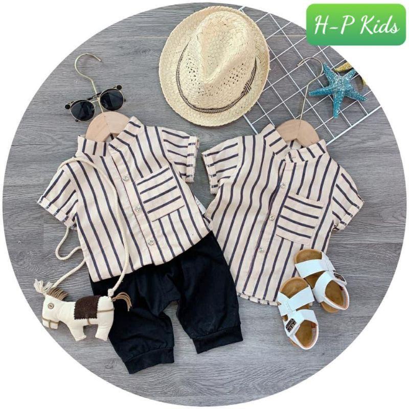 [Mã FAMAYFA giảm 10K đơn 50K] Set áo cổ trụ sọc nâu bé trai