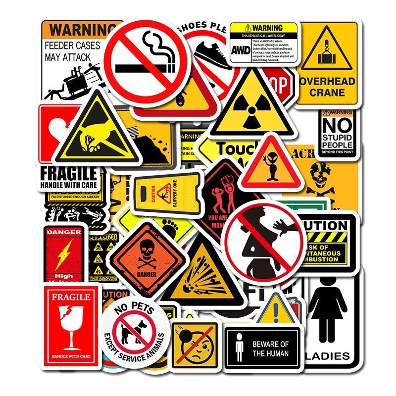 Bộ 100 Sticker warning biển báo chống nước dán trang trí vali mũ bảo hiểm xe máy