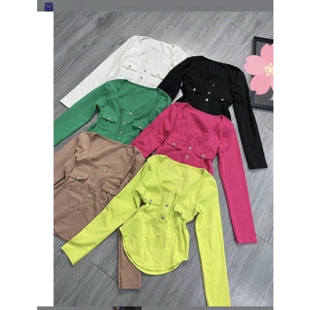 Áo thun body tay dài phối khuy túi ngực