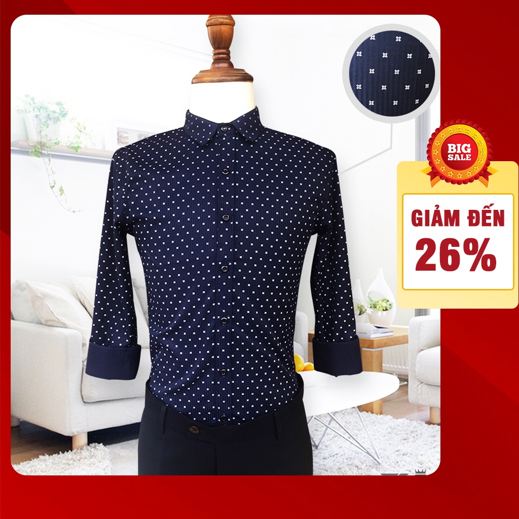 Áo somi họa tiết chấm xanh đậm tay dài được thiết kế theo phong cách áo sơ mi họa tiết công sở chất vải cotton cao cấp