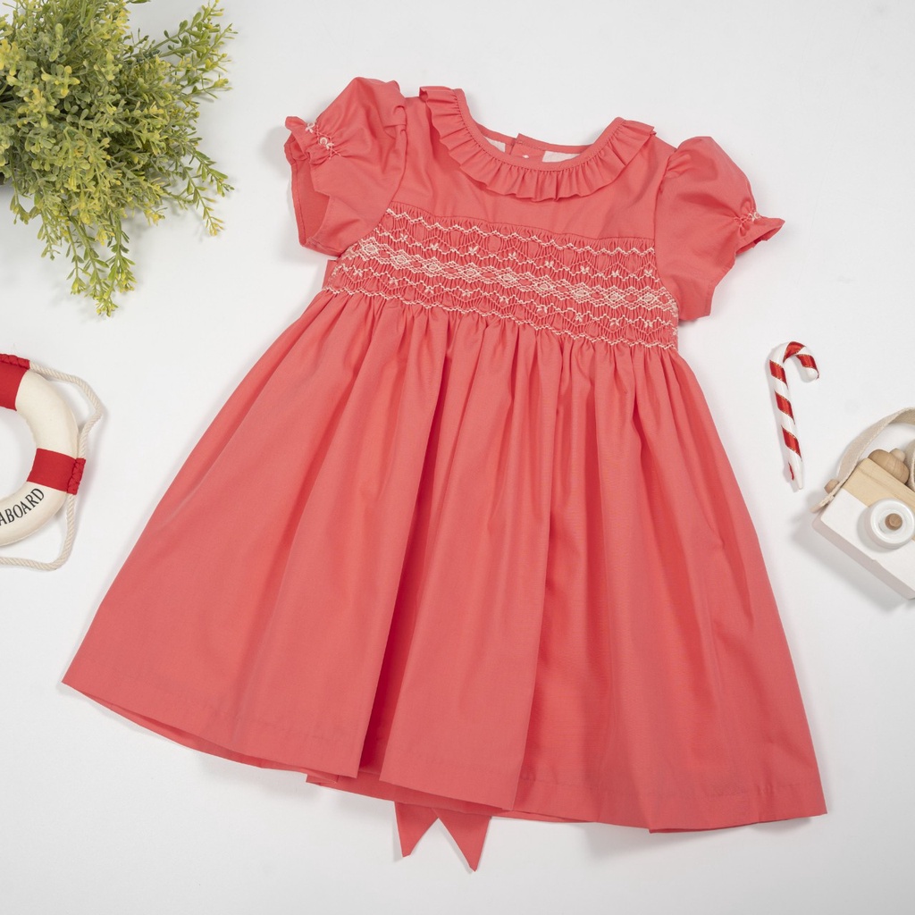 Váy tết cho bé đầm smock cotton cao cấp váy móc xích tiểu thư cho bé dự tiệc màu hồng cam Pansies Kids V0030