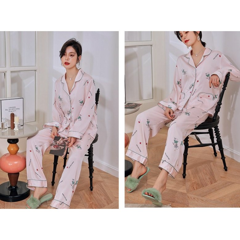 Bộ pijama lụa tay dài quần dài -Bộ đồ mặc nhà Pijama lụa - cô chủ nhỏ chuyên sỉ