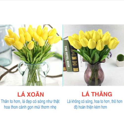 Hoa giả ❤️ Hoa tulip giả PU cao cấp ❤️ Decor trang trí nhà cửa Lizflower bằng cao su non có cả Lá Xoắn &amp; Lá Thẳng