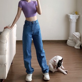 Quần JEANS suông dài trùm gót xanh đậm