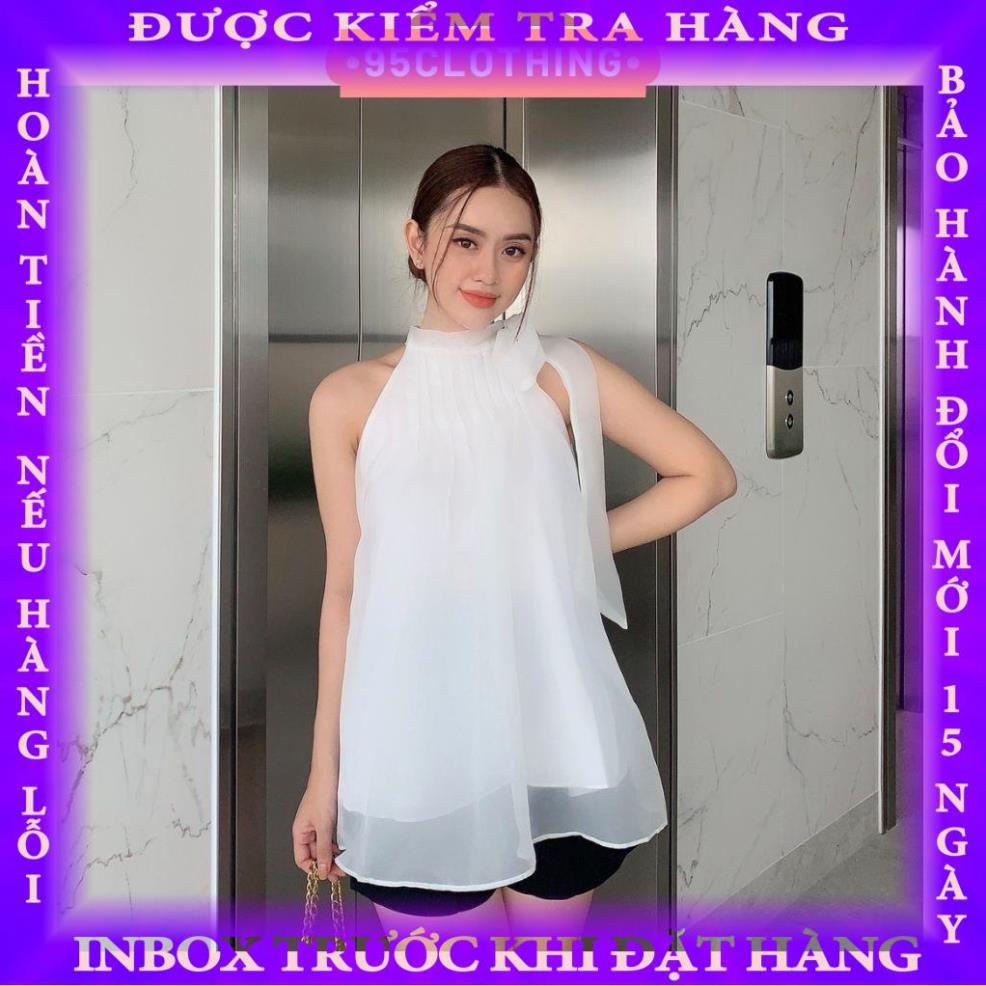 Áo voan nữ , áo voan tơ cổ yếm xếp li cột nơ 2 màu nude trắng dongthao